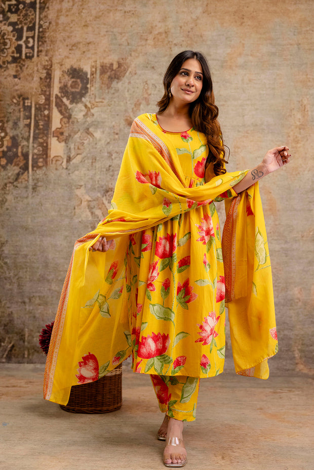 Yellow Floral Printed Kurta Set With Dupatta for Women