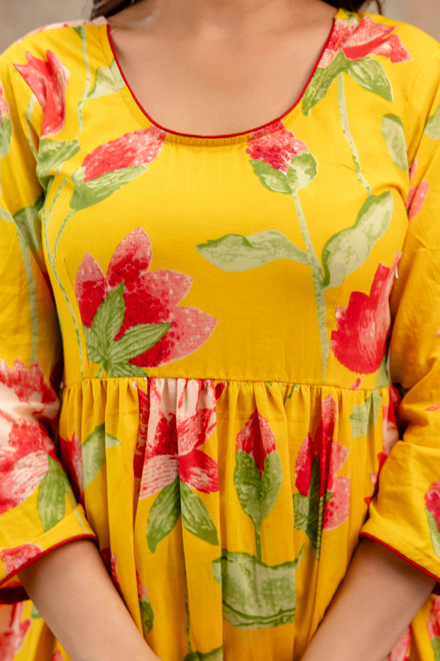 Yellow Floral Printed Kurta Set With Dupatta for Women