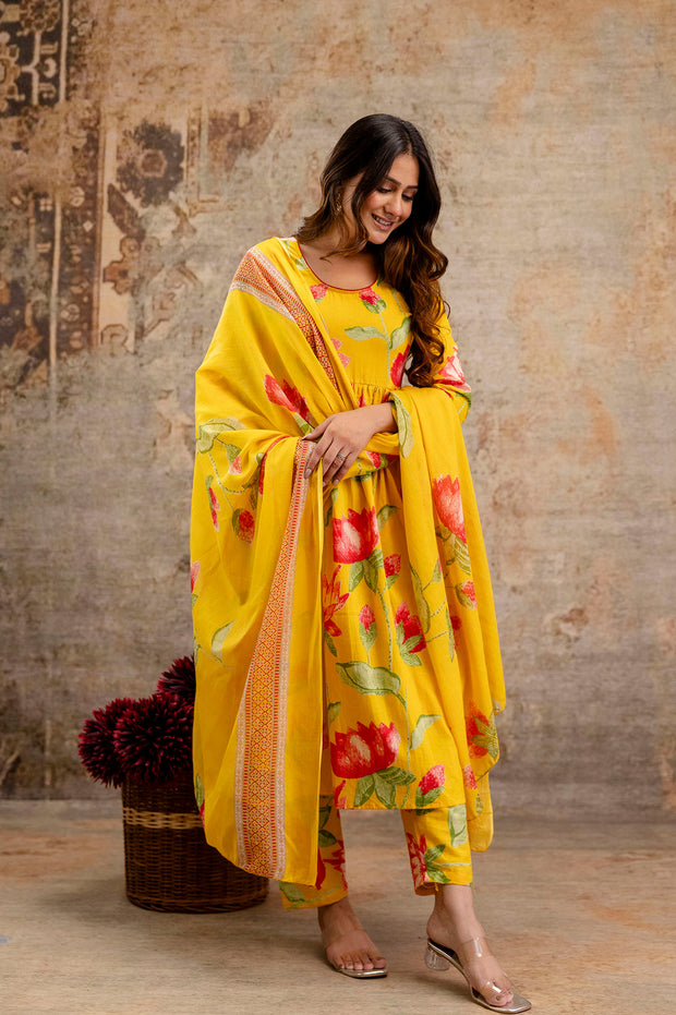 Yellow Floral Printed Kurta Set With Dupatta for Women