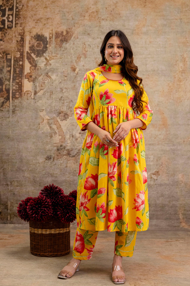 Yellow Floral Printed Kurta Set With Dupatta for Women