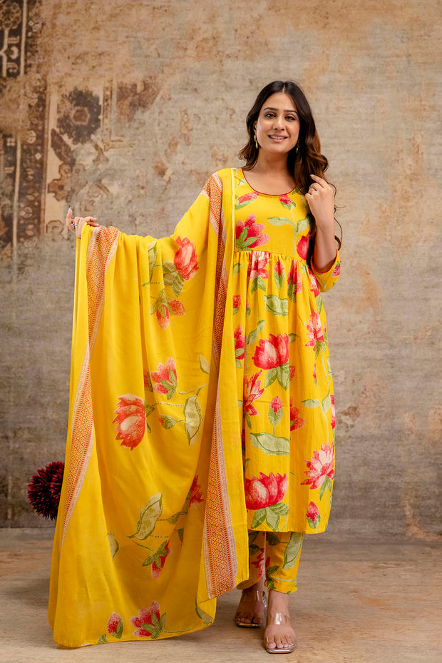 Yellow Floral Printed Kurta Set With Dupatta for Women