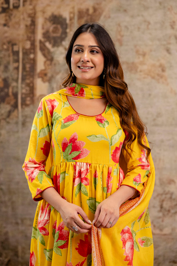 Yellow Floral Printed Kurta Set With Dupatta for Women