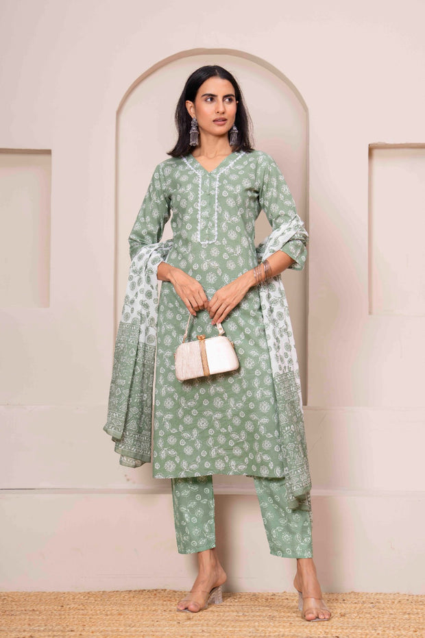 Green Printed Straight Kurta Set With Dupatta for Women