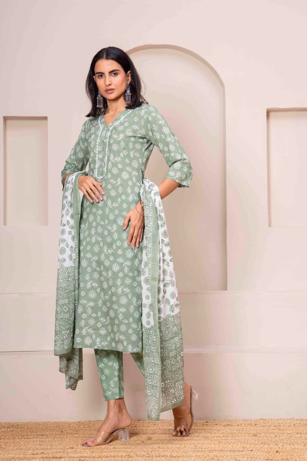 Green Printed Straight Kurta Set With Dupatta for Women