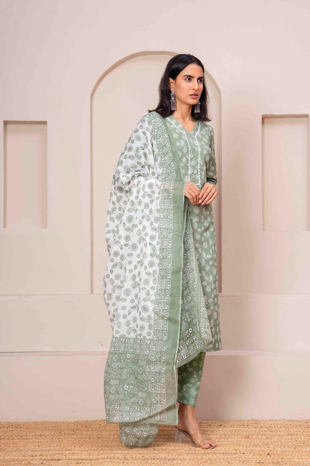 Green Printed Straight Kurta Set With Dupatta for Women