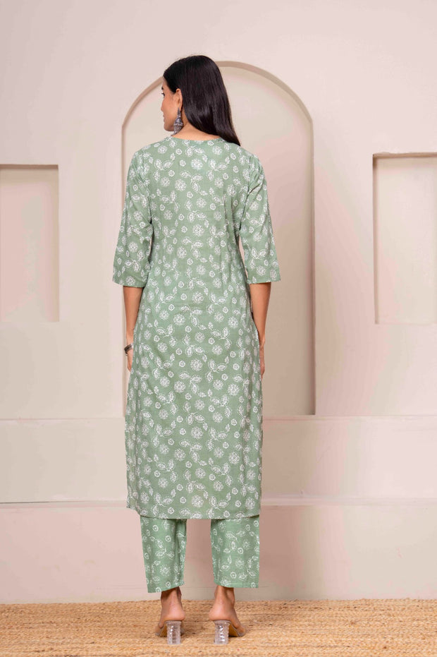 Green Printed Straight Kurta Set With Dupatta for Women