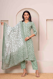 Green Printed Straight Kurta Set With Dupatta for Women