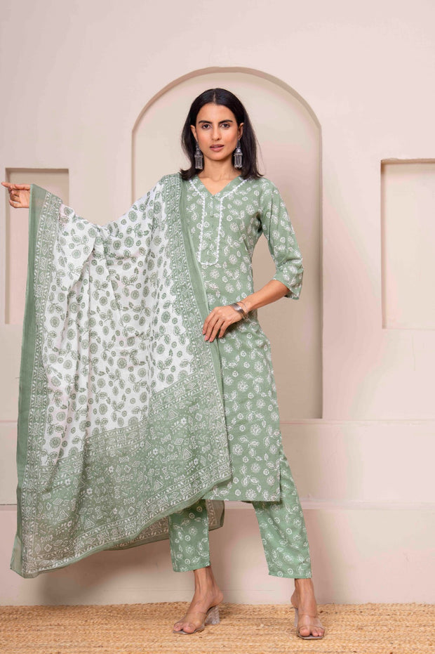 Green Printed Straight Kurta Set With Dupatta for Women