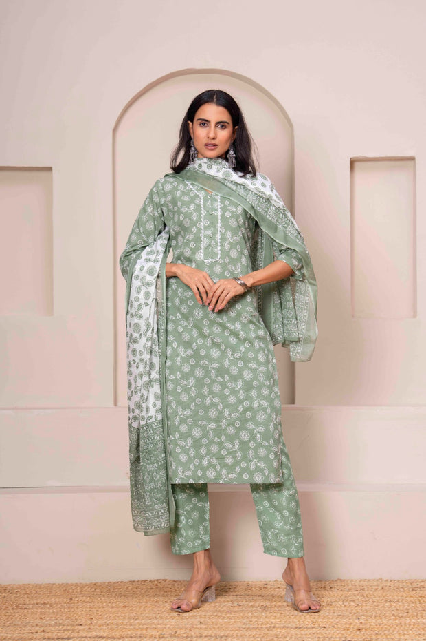Green Printed Straight Kurta Set With Dupatta for Women