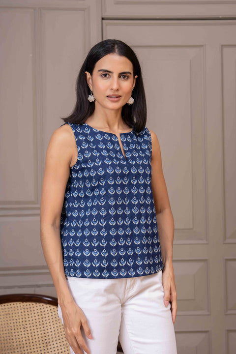 Women Navy Blue Printed Straight Top