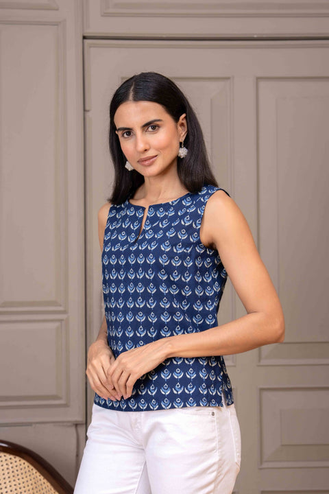 Women Navy Blue Printed Straight Top