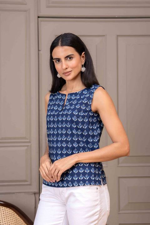 Women Navy Blue Printed Straight Top