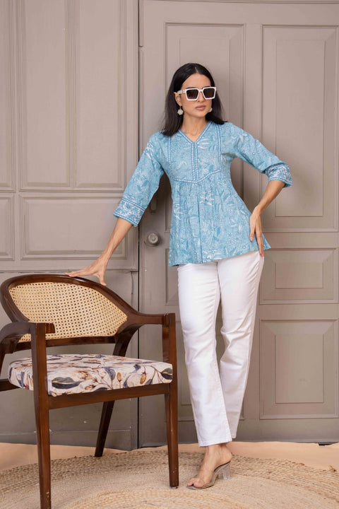 Sky Blue Printed Top For Women