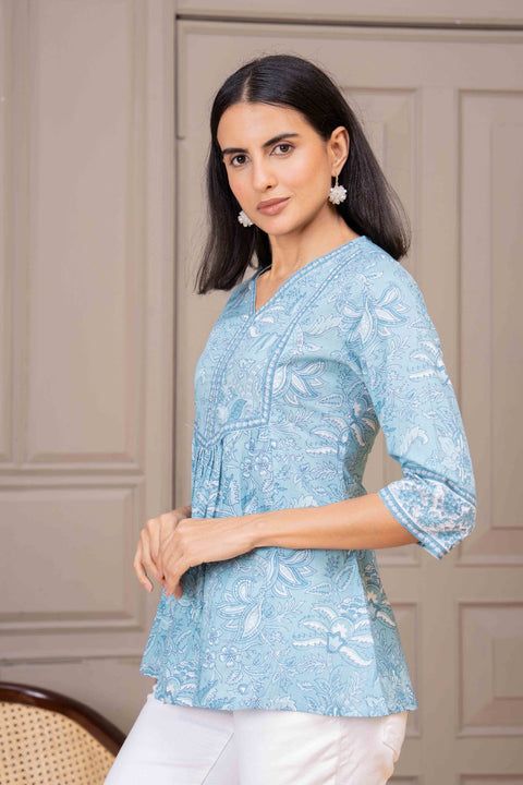 Sky Blue Printed Top For Women