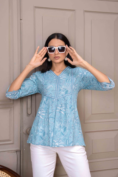 Sky Blue Printed Top For Women