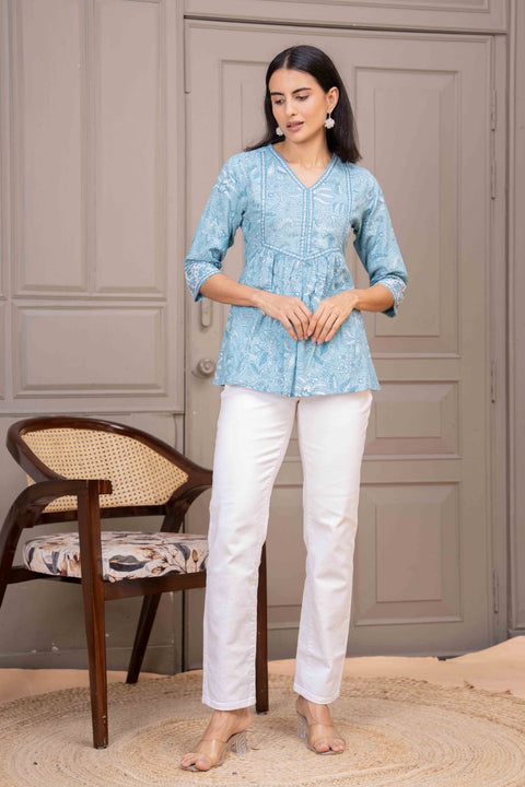 Sky Blue Printed Top For Women