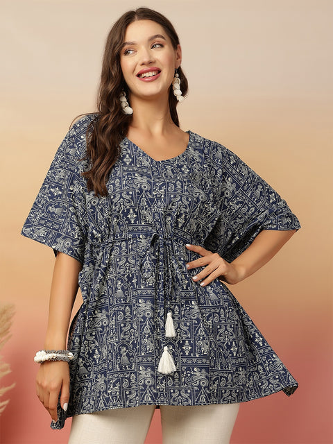 Blue Printed Kaftan Kurta for Women