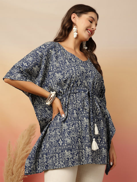 Blue Printed Kaftan Kurta for Women