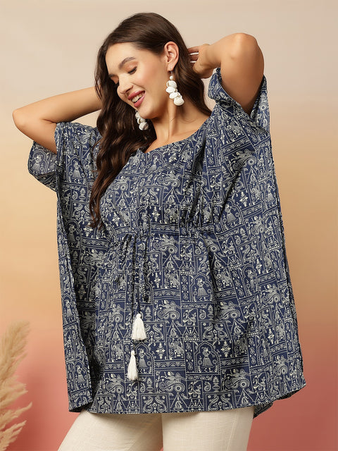 Blue Printed Kaftan Kurta for Women