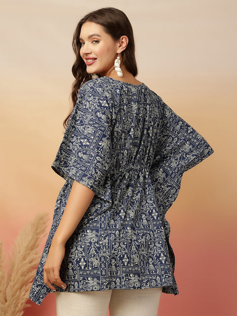 Blue Printed Kaftan Kurta for Women