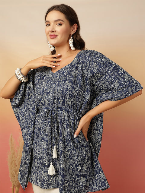 Blue Printed Kaftan Kurta for Women