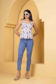 White Printed Sleeveless Top for Women