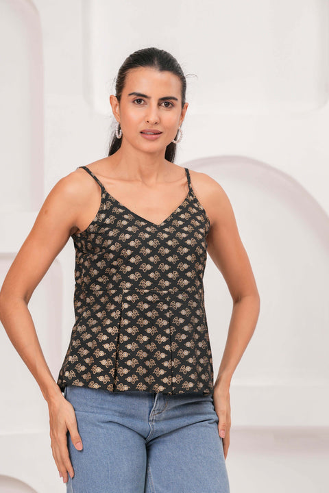 Black Printed Sleeveless Top for Women