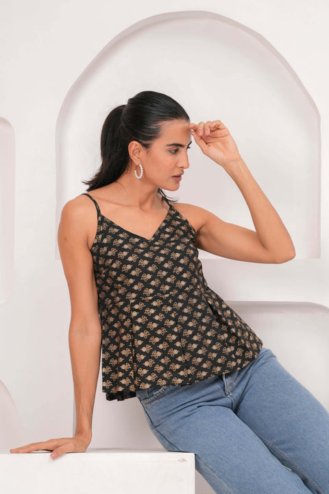 Black Printed Sleeveless Top for Women