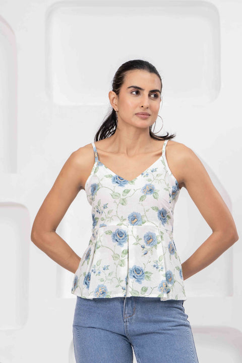 White Printed Sleeveless Top for Women