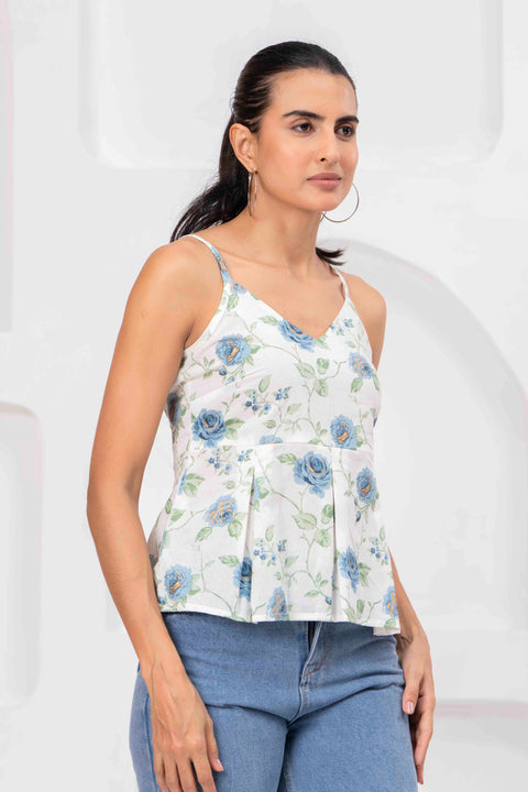 White Printed Sleeveless Top for Women