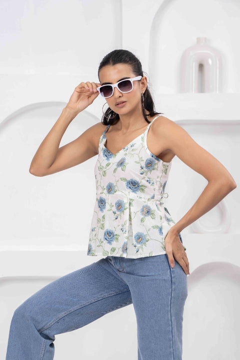 White Printed Sleeveless Top for Women