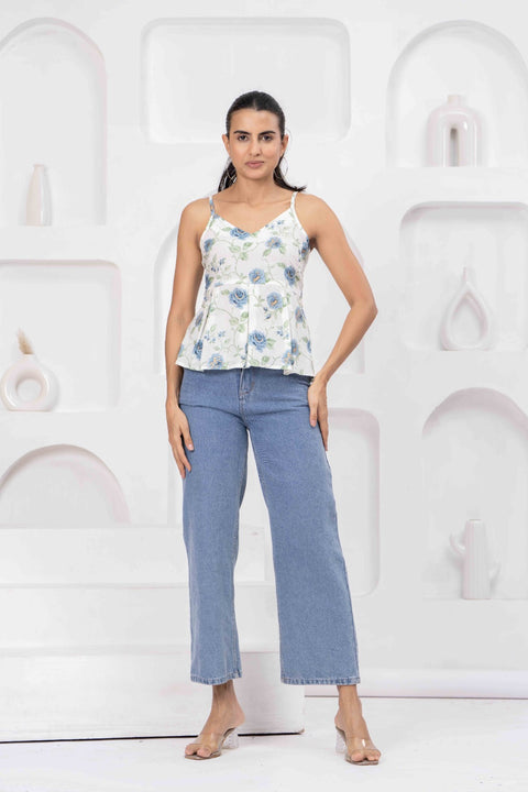 White Printed Sleeveless Top for Women