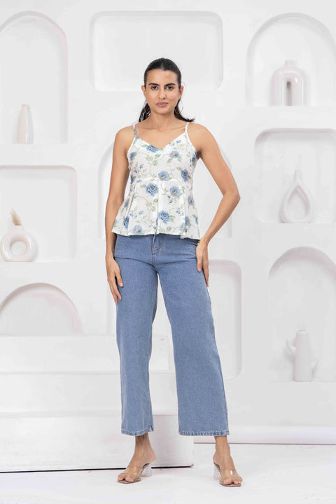White Printed Sleeveless Top for Women