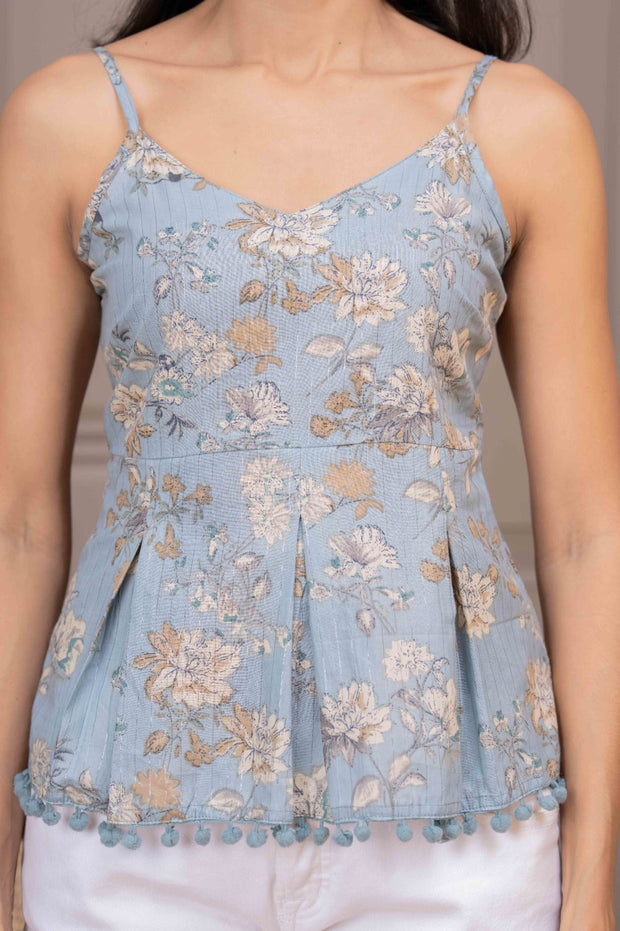 Blue Printed Sleeveless Top for Women
