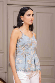Blue Printed Sleeveless Top for Women
