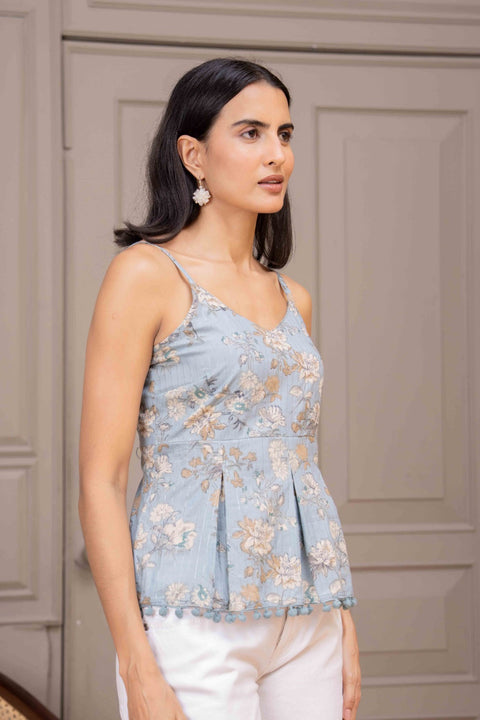 Blue Printed Sleeveless Top for Women