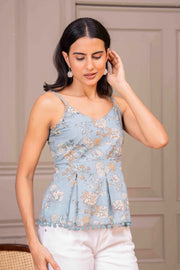 Blue Printed Sleeveless Top for Women