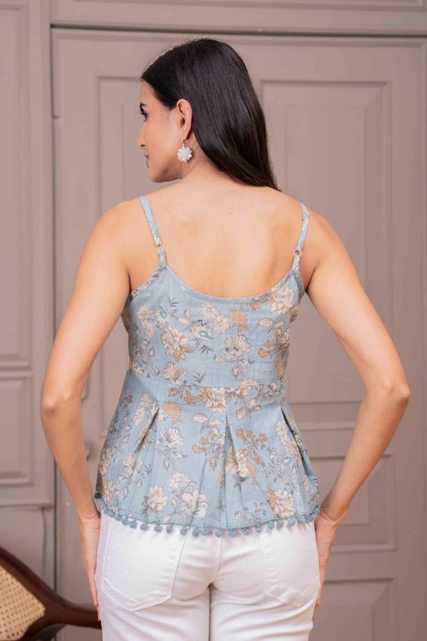 Blue Printed Sleeveless Top for Women