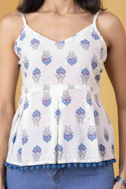 White Blue Printed Sleeveless Top for Women