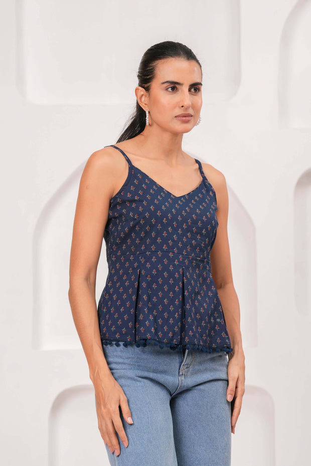 Navy Blue Printed Sleeveless Top for Women