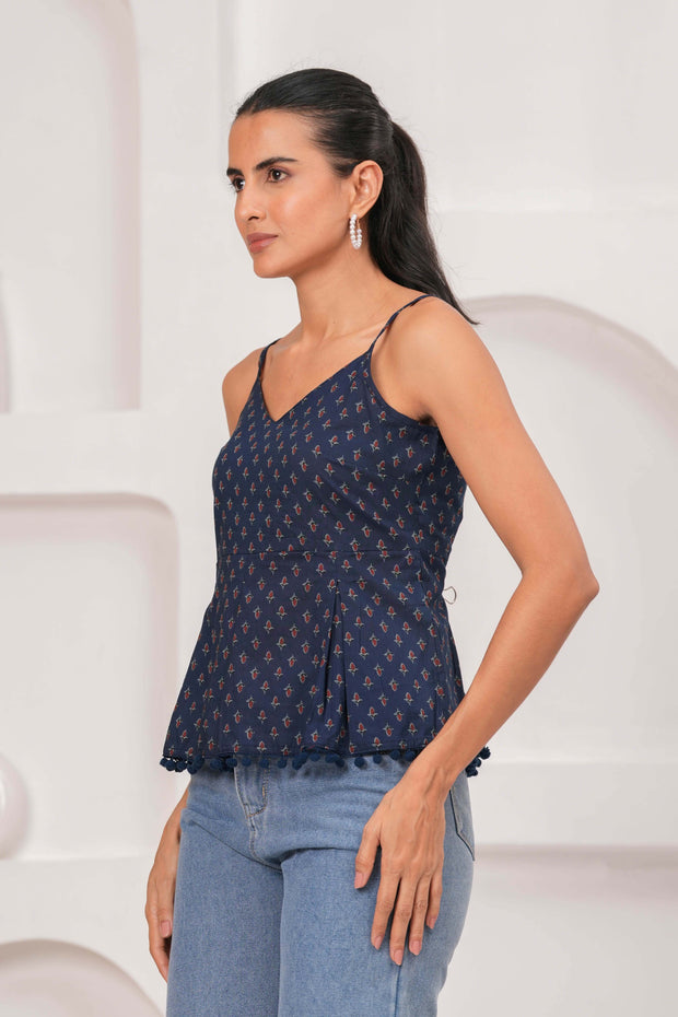 Navy Blue Printed Sleeveless Top for Women