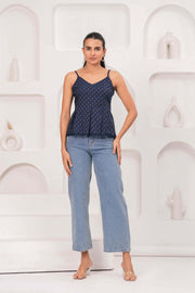 Navy Blue Printed Sleeveless Top for Women