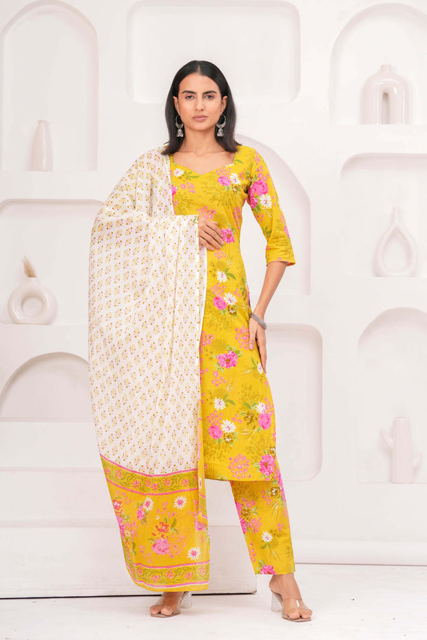Yellow Printed Straight Kurta Set With Dupatta for Women