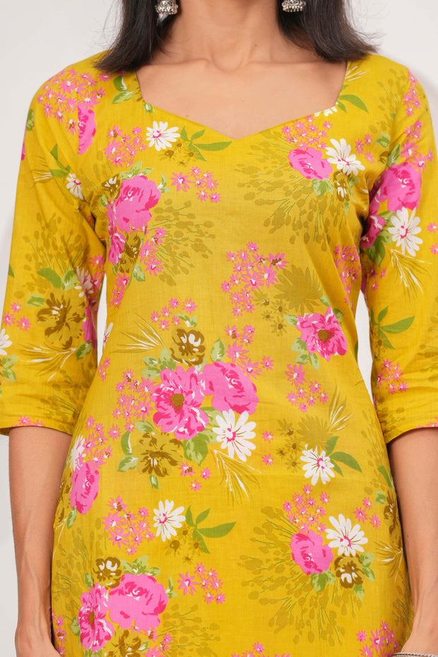 Yellow Printed Straight Kurta Set With Dupatta for Women