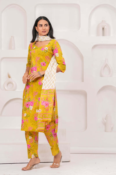 Yellow Printed Straight Kurta Set With Dupatta for Women