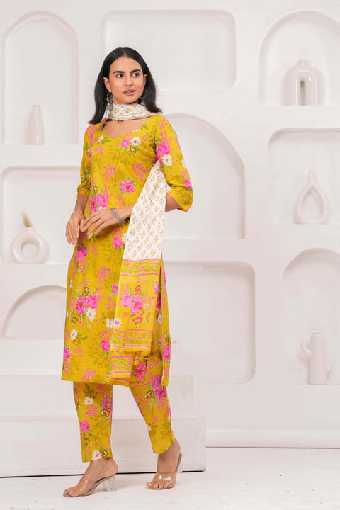 Yellow Printed Straight Kurta Set With Dupatta for Women