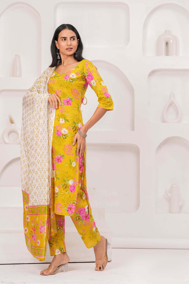 Yellow Printed Straight Kurta Set With Dupatta for Women