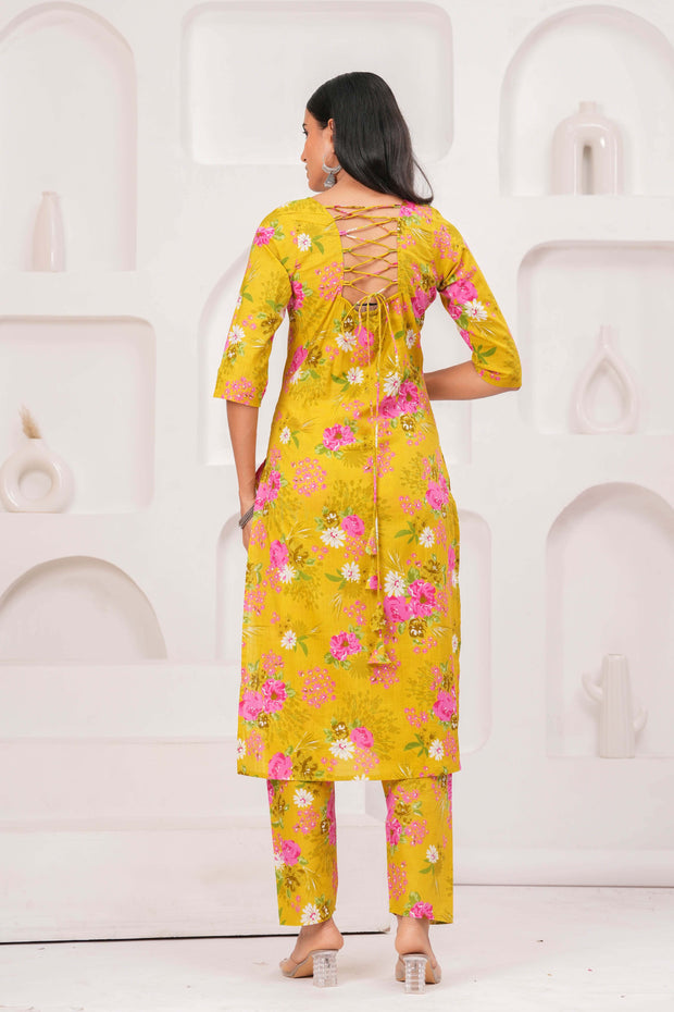 Yellow Printed Straight Kurta Set With Dupatta for Women