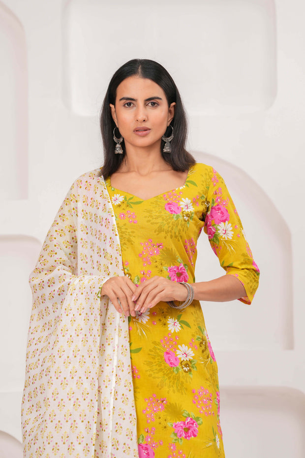 Yellow Printed Straight Kurta Set With Dupatta for Women