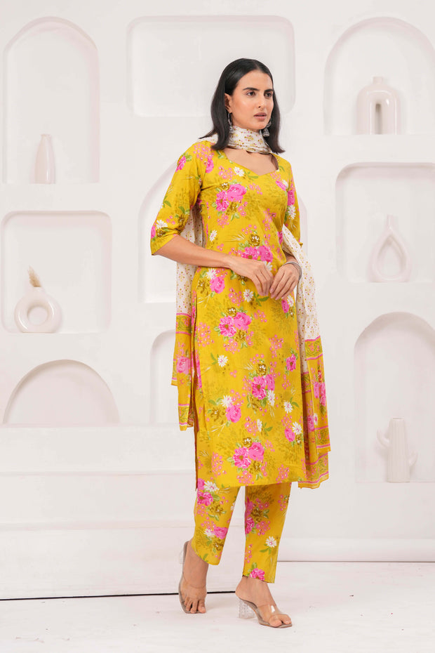 Yellow Printed Straight Kurta Set With Dupatta for Women